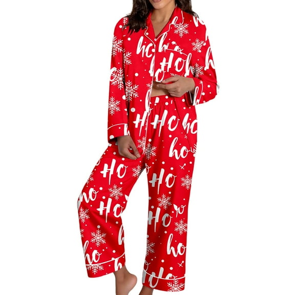 Cnbwig Christmas Pajama Sets for Womens Cozy Sleepwear Two Piece Outfit with Long Sleeve Top and Pants Nightwear Loose Women's Pjs Suits A-Red S