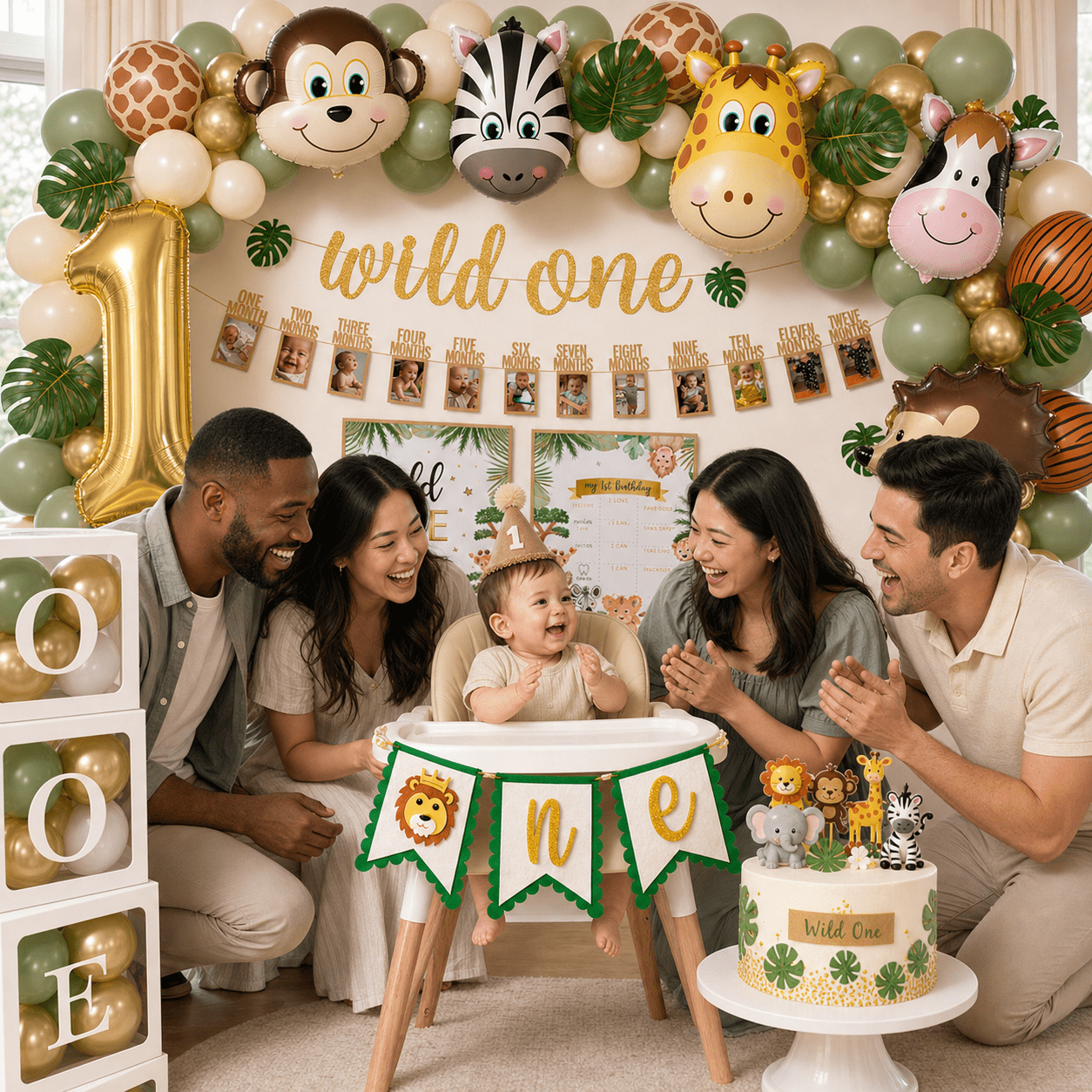 Wild One Birthday Decorations, 1st Birthday Decorations for Boy or Girl, Photo Banner, Balloon Box, Balloons Garland, High Chair Banner, Jungle Theme Safari Party Backdrop for Boys & Girls
