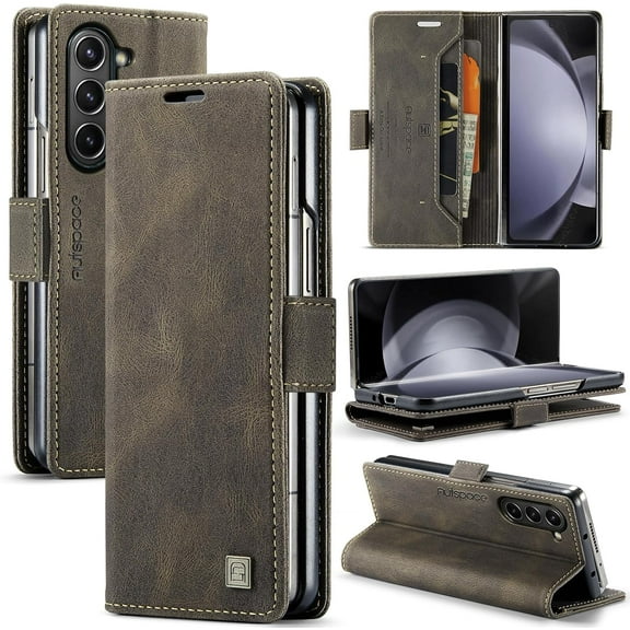 Wallet Case for Samsung Galaxy Z Fold 5, Retro Matte Premium PU Leather Magnetic Flip Folio Case with RFID Blocking Card Slots Durable TPU Shell Kickstand Phone Cover Protective Case - Coffee