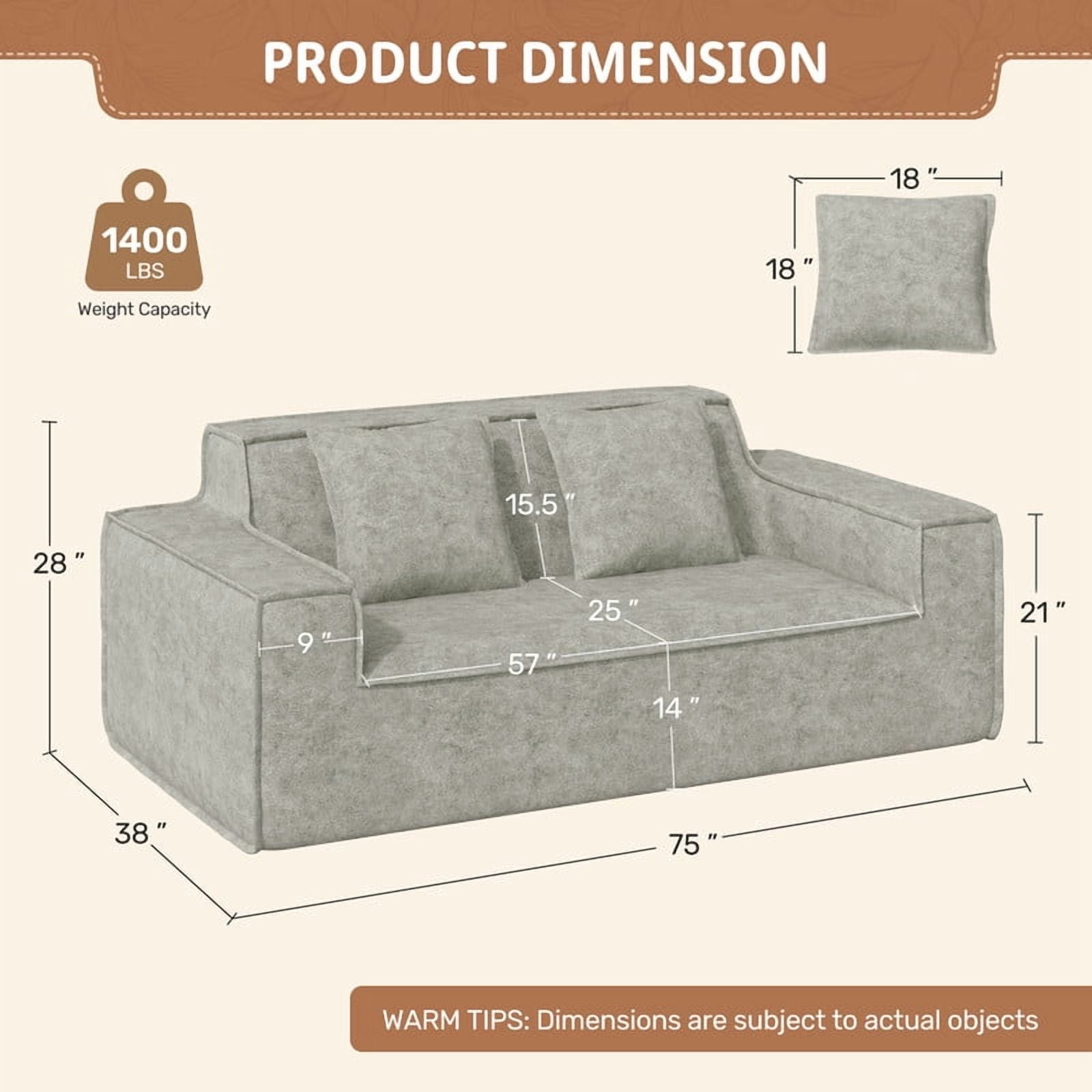 Hawsaiy 75" Pet-Friendly Cat-Scratch Fabric Loveseat Sofa with Wide Armrests & Removable Pillows, No Assembly Foam Couch, Vacuum Packed, High-Density Support, Gray