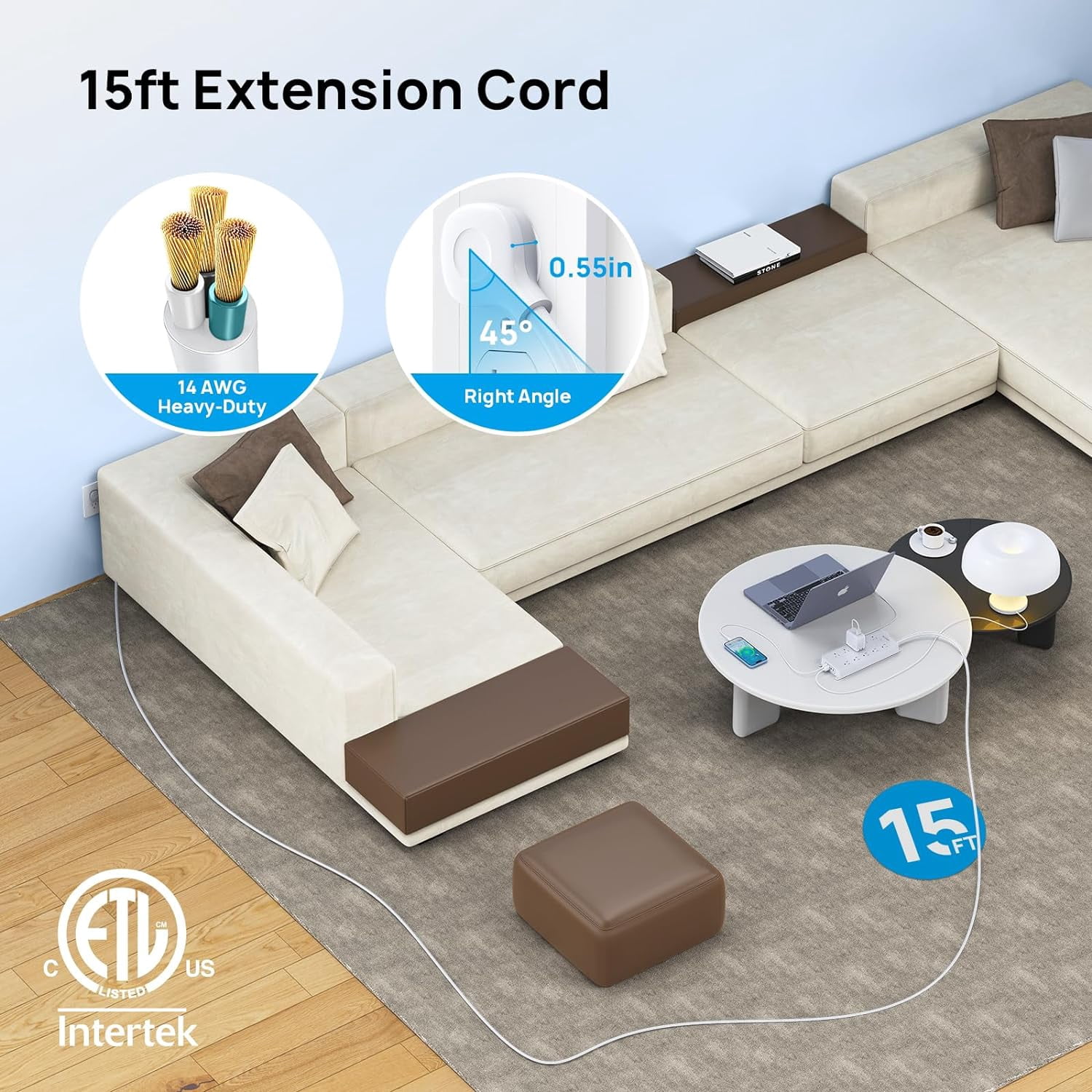 TROND Surge Protector Power Strip, ETL Listed, Flat Plug 15ft Long Extension Cord, 10 Wide Spaced Outlets, 2 USB A & 2 USB C Ports, 4000J, Wall Mount/Screw On, for Home Office Entertainment, White