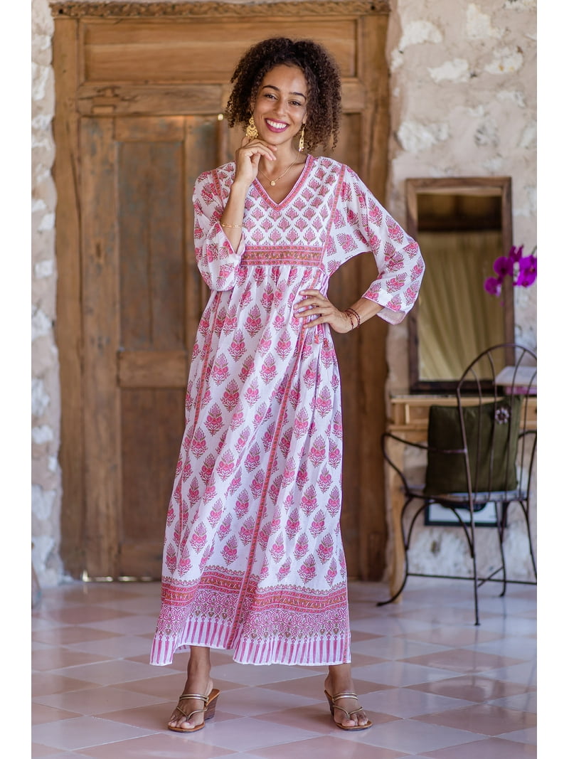 artisanal pink maxi dress Pink Floral Print Cotton Maxi Dress