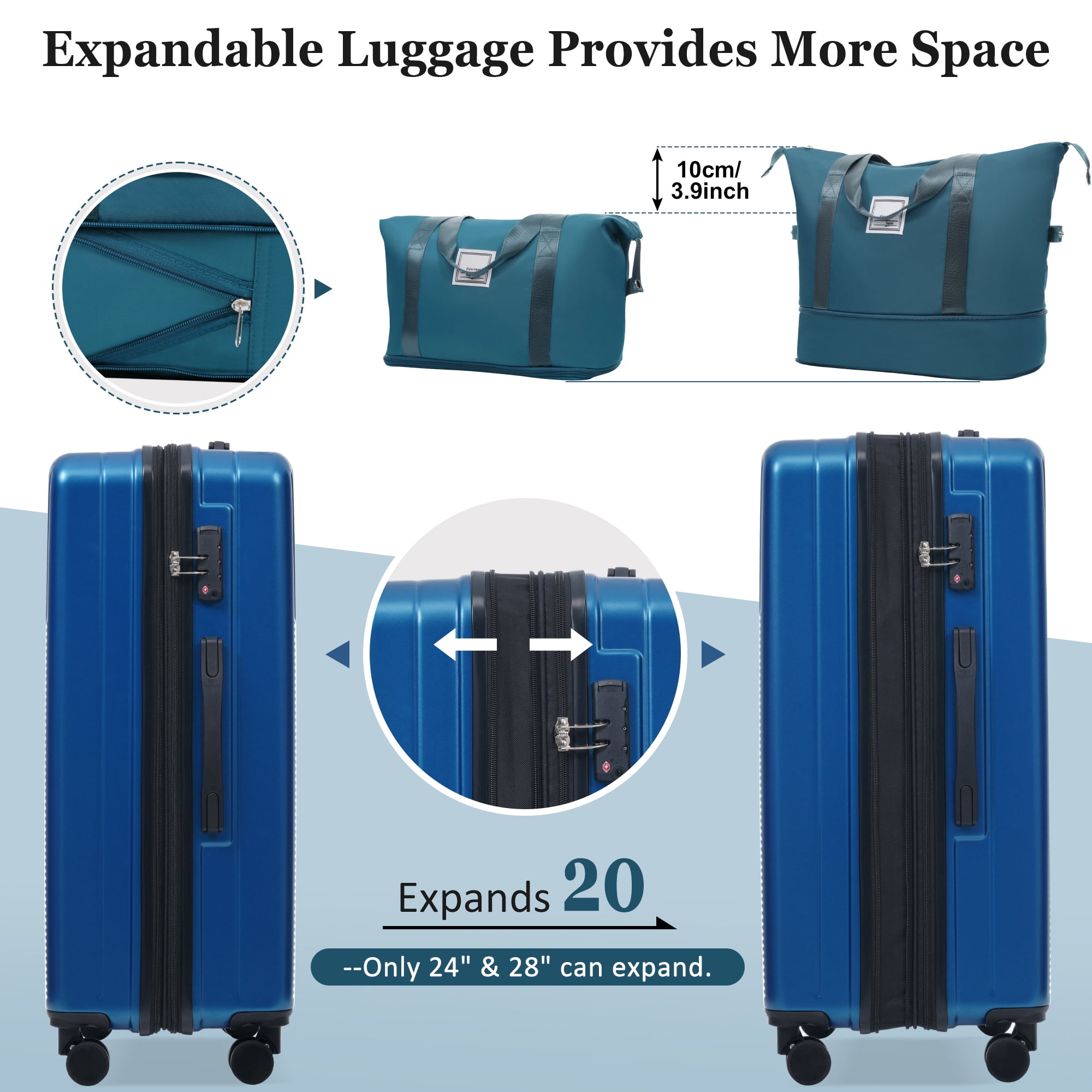 Euroco 5 Piece Luggage Sets, 20" Carry-On Luggage with Half-Opening & USB Port, 20/24/28inch Lightweight Travel Suitcase Set with TSA Lock, Double Spinner Wheels & 2 Travel Duffel Bags,Blue