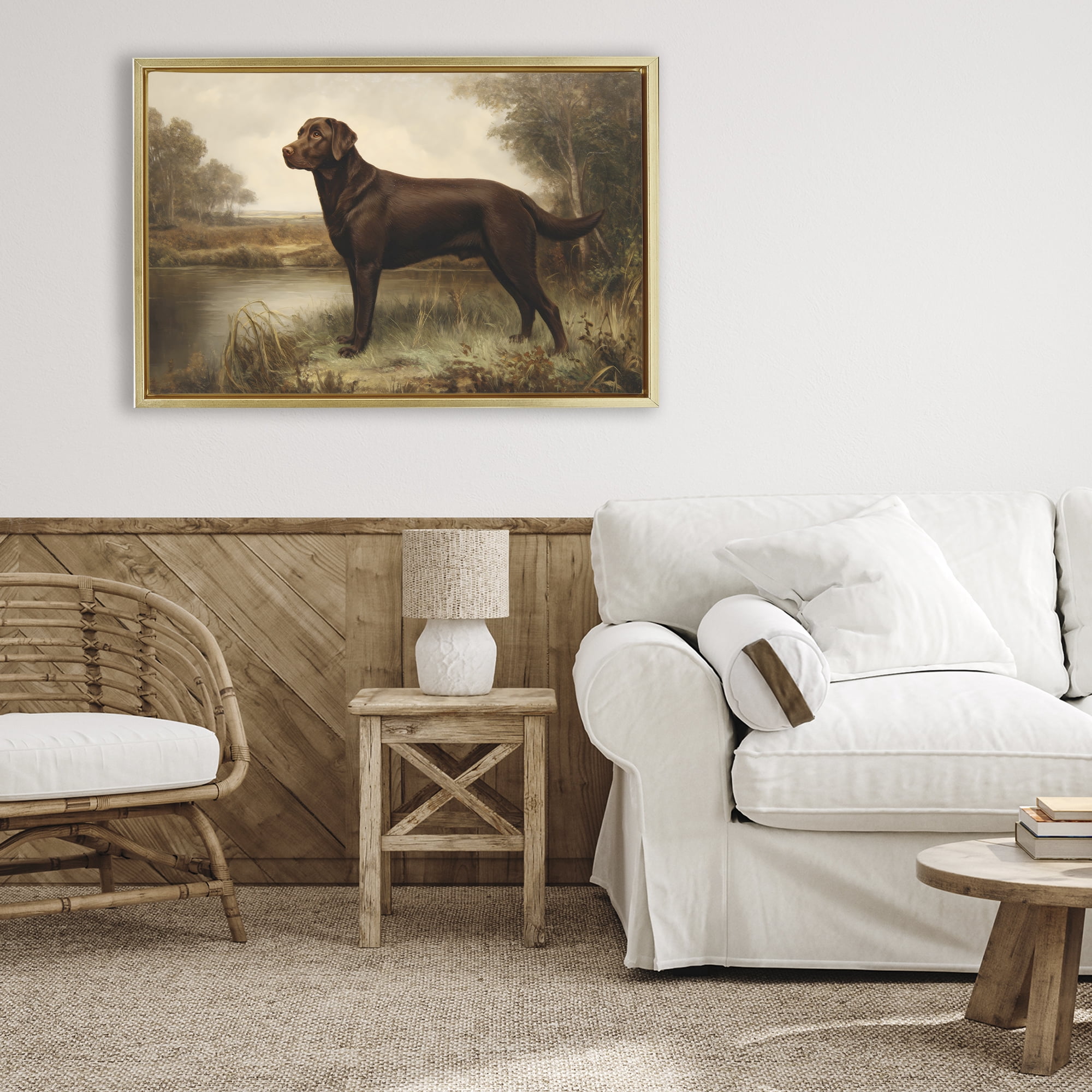 Stupell Industries Brown Lab By The River Gold Framed Floater Canvas Wall Art, design by Petal Prints Design