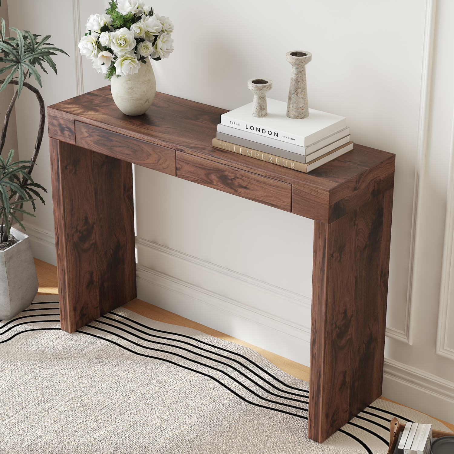 Youmumeub Modern Walnut Console Table & Desk, 50 Inch Narrow Entryway Table with Storage Drawers, High Standing Computer Desk for Home Office & Hallway, Natural