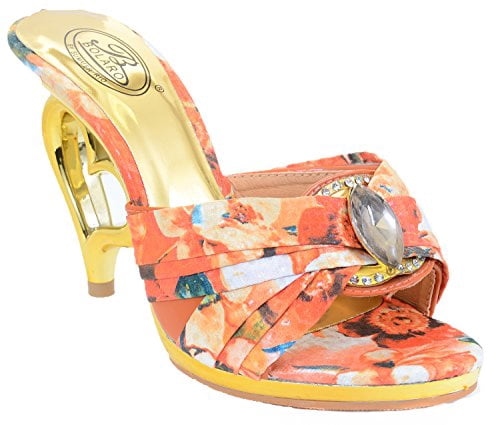 Heart Orange Floral Gold Jeweled Slide 