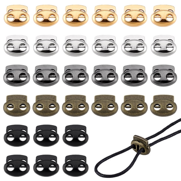 30pcs 5 Colors Metal Cord Locks Double Hole Spring Stopper Fastener Slider Toggles End Clamp Toggle Stop Slider Alloy Spring Cord Lock Clasps