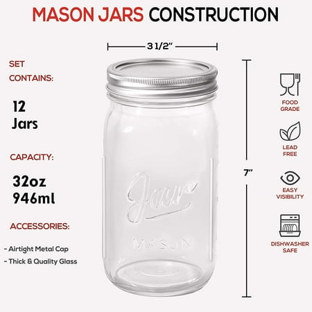 12 Pcs Wide Mouth Mason Jars 32 Oz, Large Canning Jars with Lids and Bands, Colored Plastic Jar Lids, Blank Labels and Chalk Marker, LeakHSDAO-CN ...