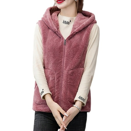 LUXUR Women Coat V Neck Waistcoat Fuzzy Fleece Jacket Vest Baggy Outwear Sleeveless Pink M