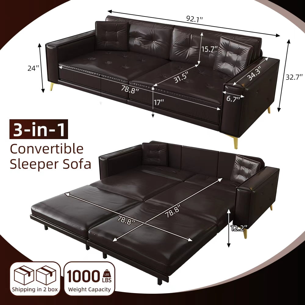 92.1" King Size Faux Leather Sleeper Sofa Bed - 3-in-1 Convertible Pull Out Couch, 4-Seater with Ultra Wide Armrests & Tufted Design, 2 Pillows Included for Living Room, Apartment,Dark Brown