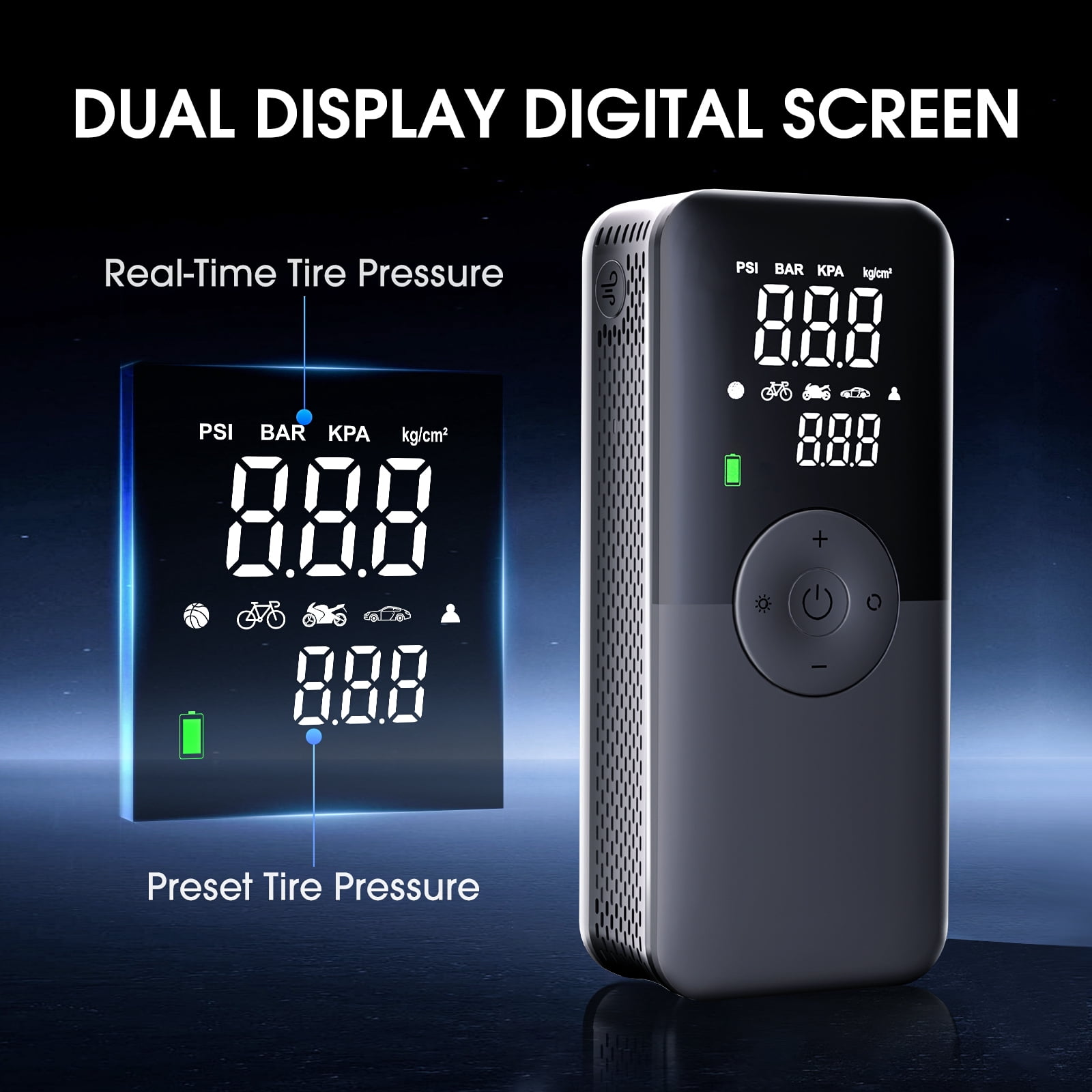 CARSUN Cordless Tire Inflator Portable Air Compressor,5200mAH Portable Air Pump with Digital Dual Screen,Suitable for Car,Motorcycles,Bicycles