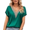 thumbnail image 1 of Top de manga de murciélago corta con cuello en V, ribete de encaje satinado, elegante, transpirable, suelto, Top de verano para mujer para el trabajo, verde, XL, 1 of 6