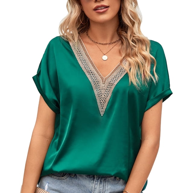 Top de manga de murciélago corta con cuello en V, ribete de encaje satinado, elegante, transpirable, suelto, Top de verano para mujer para el trabajo, verde, XL