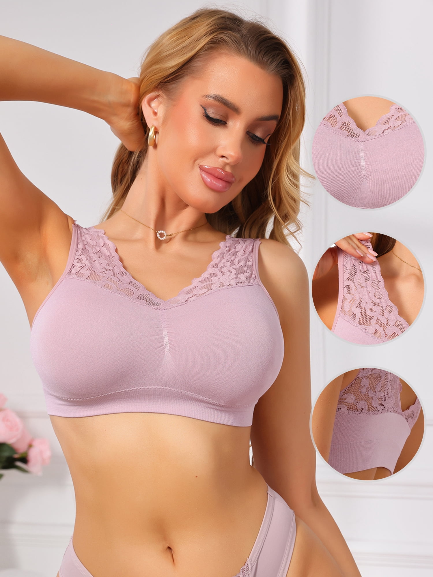 DARING DIVA Women's Lace V Back Wireless Full Coverage Push Up Pullover Bra XL Pink