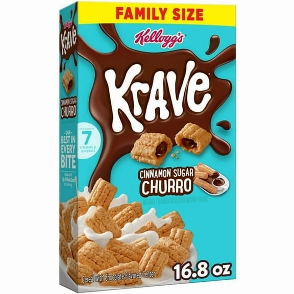 Kellogg's Krave Breakfast Cereal, Breakfast Food, Family Size, Cinnamon Sugar Churro, 16.8oz Box (1 Box)