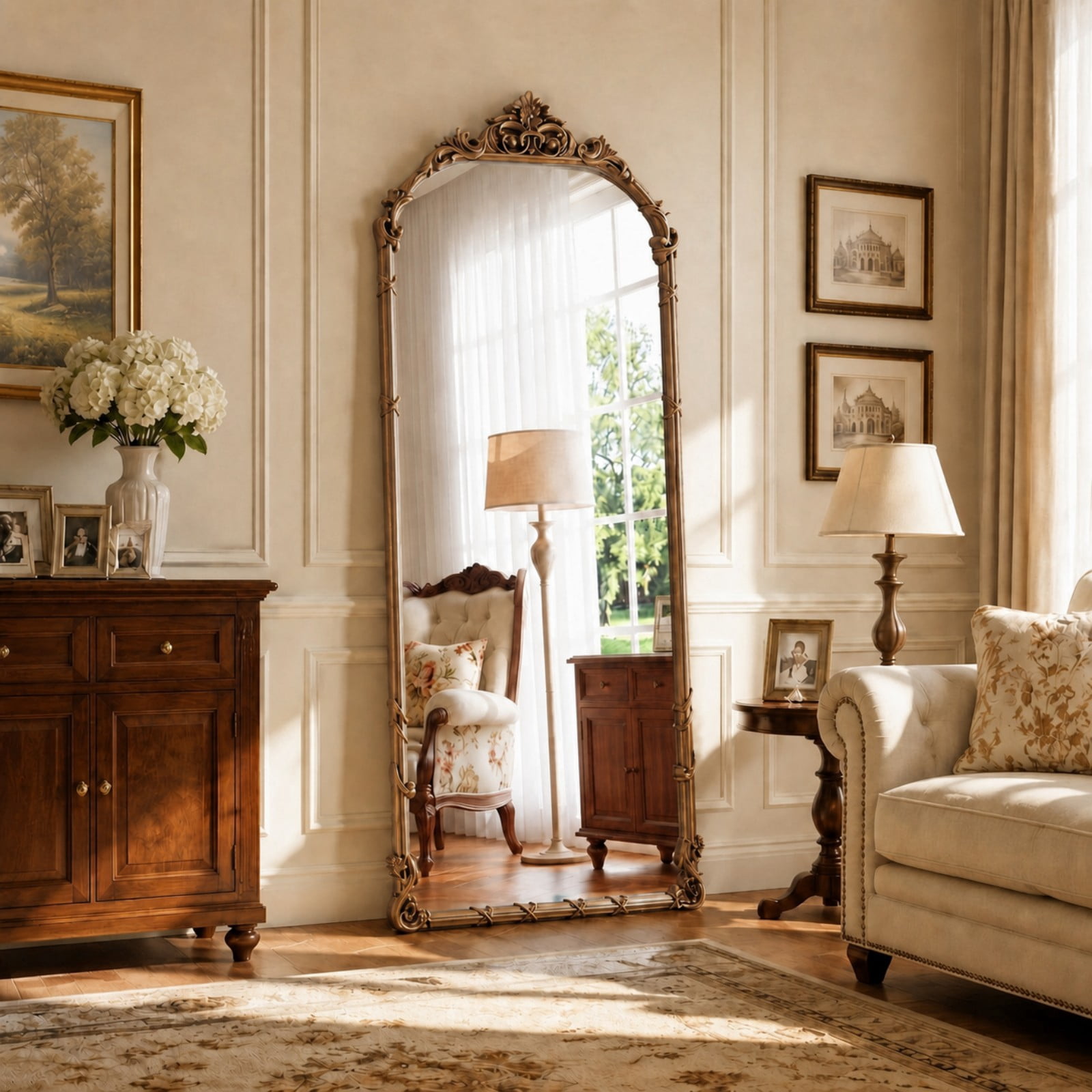 AUROMIR 69"x28" Arched Full Length Mirror Vintage Floor Mirror with Carved Patterns, Antique Bronze