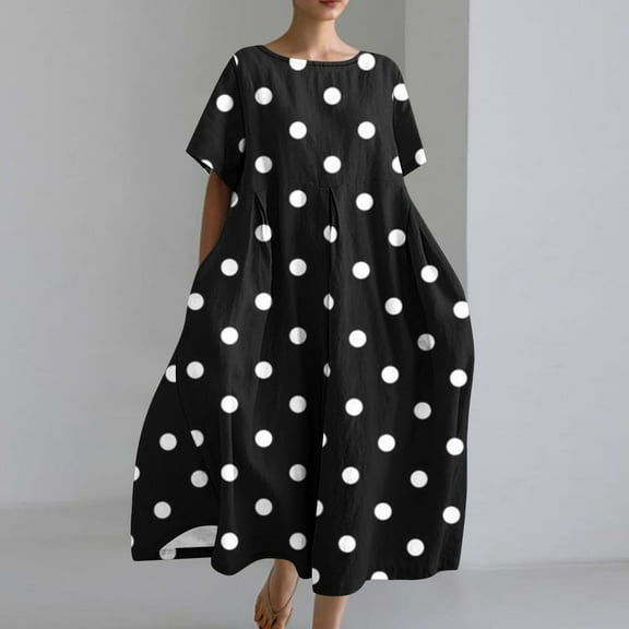 DailyTrove Women's Polka Dot Maxi Dress, A-Line Swing Hem, Retro Casual & Party Look, Stretchy Polyester Fabric