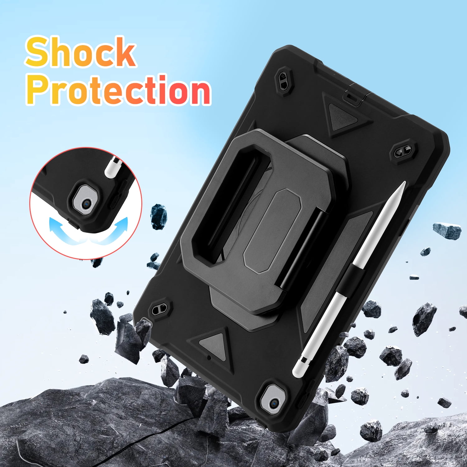 Allytechgroup Heavy Duty Shockproof Case Cover for Apple iPad 9th 8th 7th Generation, Ultimate Protection with Handle Stand, Shoulder Strap, and Pencil Holder Kids Friendly, Black