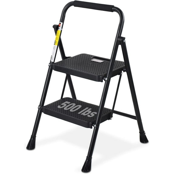 L-Link 2 Step Ladder, 500 lbs Folding Step Stool with Anti-slip Wide Pedals, Sturdy Steel Ladder, Convenient Handgrip, Lightweight Portable Step Stool