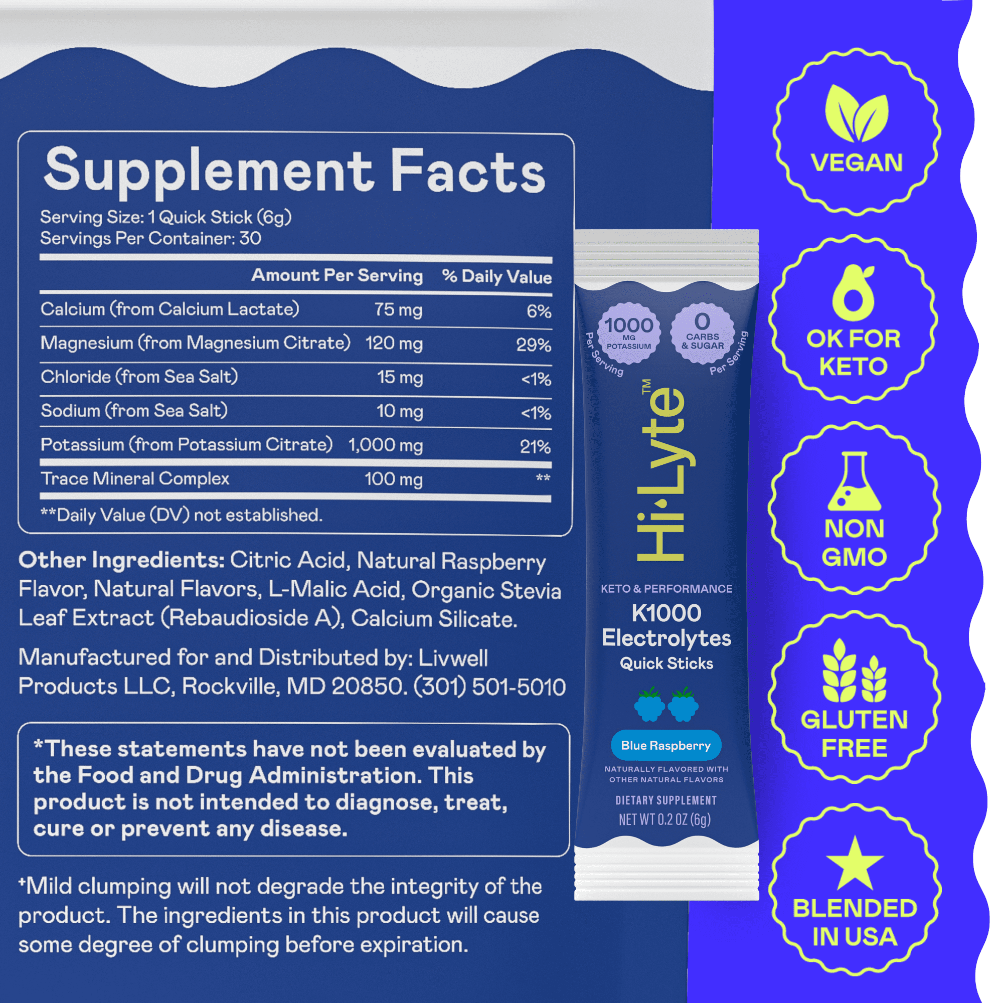 Hi-Lyte Keto & Performance | K1000 Electrolytes Quick Sticks | Blue Raspberry