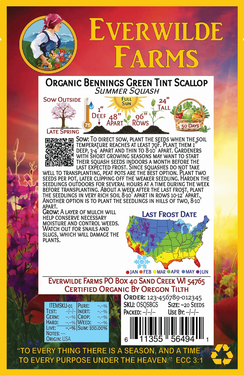 1//4 Lb Bennings Green Tint Scallop Summer Squash Seeds Everwilde Farms Mylar