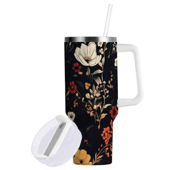 Yayeee 40oz Stainless Steel Tumbler with Straw and Handle Double-Wall Insulated Travel Water Bottle, Black Floral Pattern
