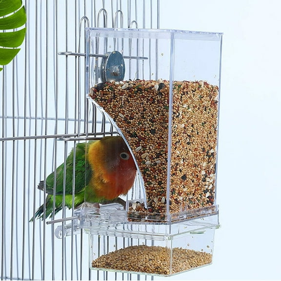 No Mess Bird Cage Feeder Automatic Parrot Seed Feeders with Perch Acrylic Transparent Seed Food Container Cage Accessories for Small and Medium Parakeets Lovebirds