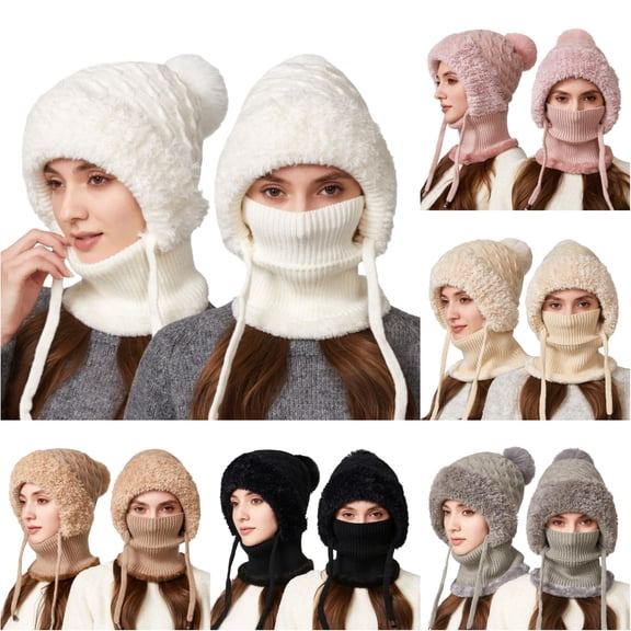 Krdevn Winter Knitted Balaclava Women Hooded Beanie Hats Lined One Piece Neck Warmer Skull Cap Cold Weather,White