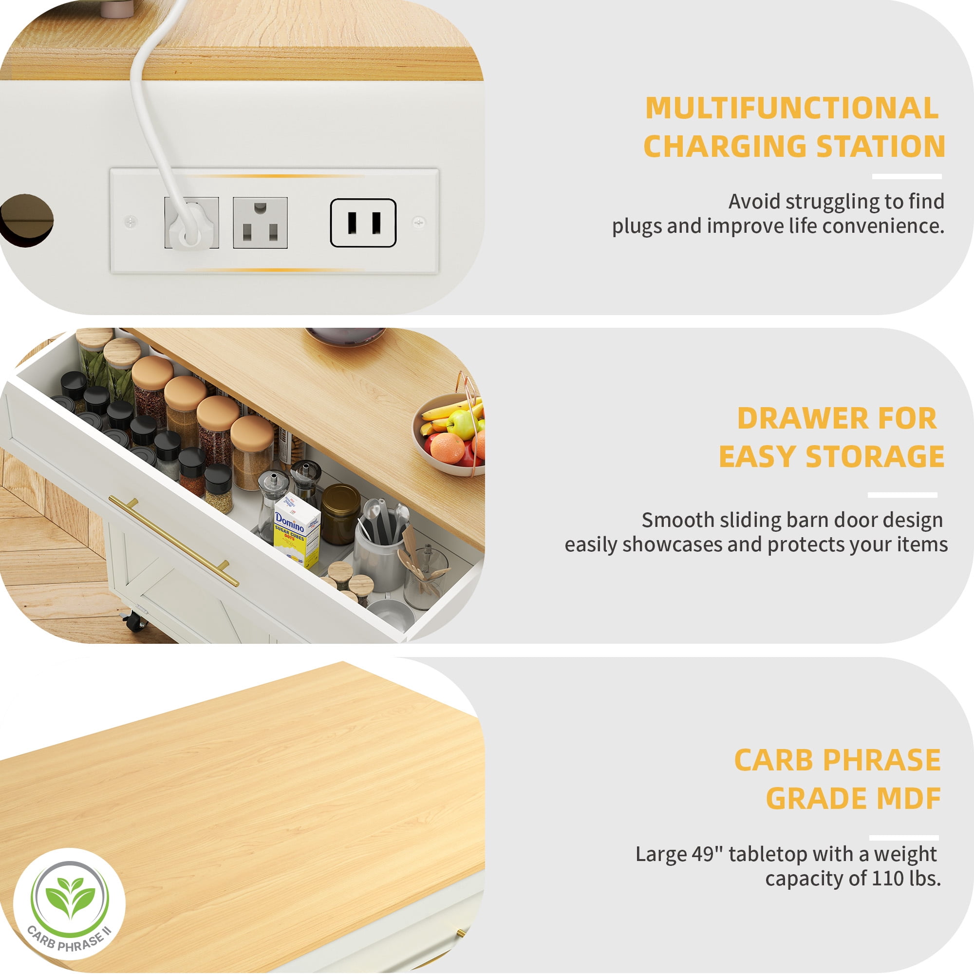 DWVO 39" Kitchen Island with 10 Gallon Double Tilt Out Trash Can and Charging Station, Rolling Island Cart with Storage Cabinet and 3 Drawers, White