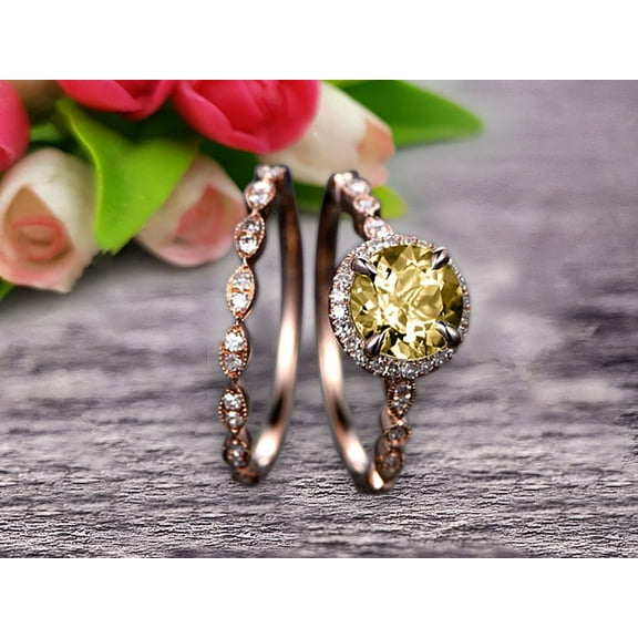 2.25 Carat 6mm Round Cut Champagne Diamond Moissanite Engagement Ring Set 10k Rose Gold Matching Wedding Band Bridal Set