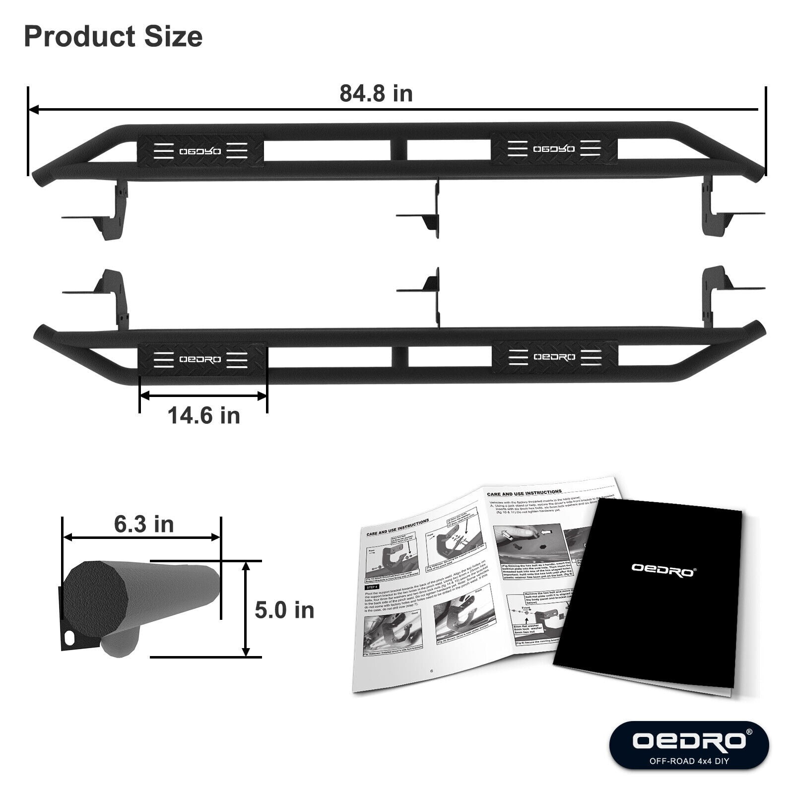 RVNI 6" Running Boards Side Step For 2005-2023 Toyota Tacoma Double Cab, Textured Black Rails Tube Nerf Bars