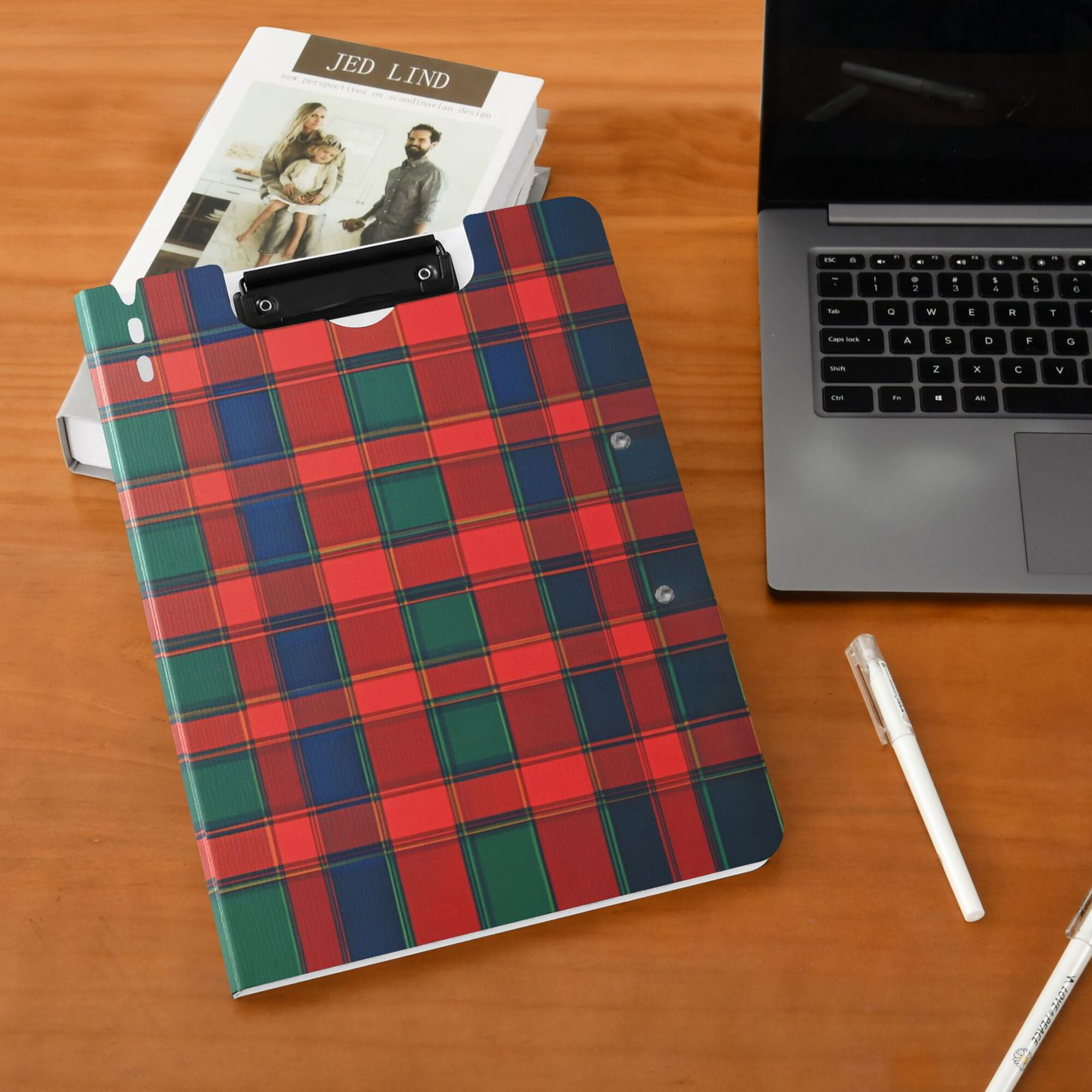 FORMRS A4 Clipboard Folder with Pen Holder Horizontal Foldable School Office Binder, Red and Blue Pattern