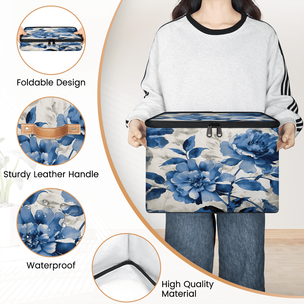 CURLYOOT Watercolor Blue Flower Storage Bin with Zipper Lid, Fabric Decorative Lidded Storage Baskets Boxes, Foldable Organizer Container Basket for Bedroom Closet Shelf