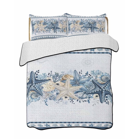 Quilts Queen Size Bedding Set, Navy Blue Starfish Coastal Reversible Summer Quilt 3 Pieces, Ocean Beach Coral Nautical Lightweight Bedspreads Coverlets with 2 Pillow Shams for All Seasons