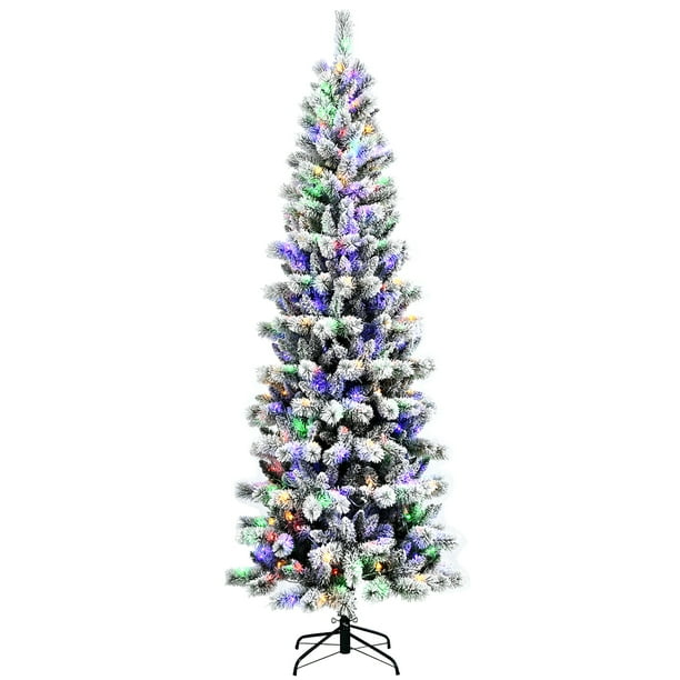 Costway 8FT PreLit Hinged Christmas Tree Snow Flocked w/ 9 Modes Remote Control Lights