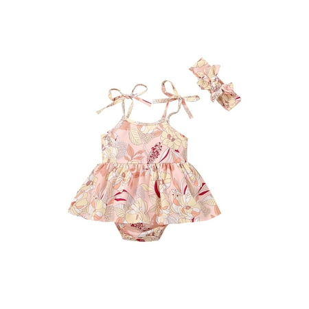 

Calsunbaby Infants Baby Girls Romper Dress Sweet Floral Sleeveless Bandage Spaghetti Shoulder Strap Jumpsuits with Headband