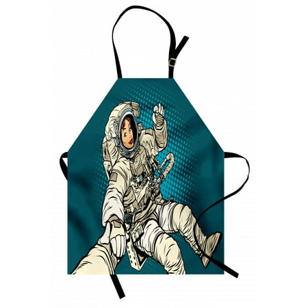 

Outer Space Apron Woman Astronaut Hands with Her Better Half Pop Art Style Comic Stylized Graphic Unisex Kitchen Bib Apron with Adjustable Neck for Cooking Baking Gardening Beige Blue by Ambesonne
