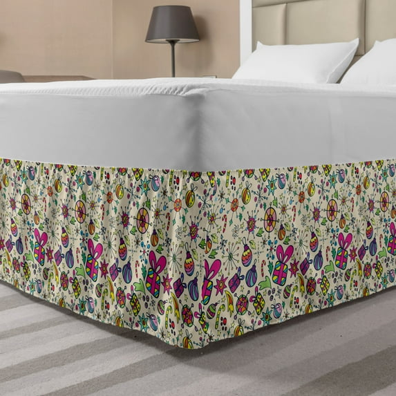 Christmas Bed Skirt, Lively Graphic Pattern of Seasonal Jolly Rich Elements Doodle Art, Elastic Bedskirt Dust Ruffle Wrap Around for Bedding Decor, 4 Sizes, Multicolor, by Ambesonne