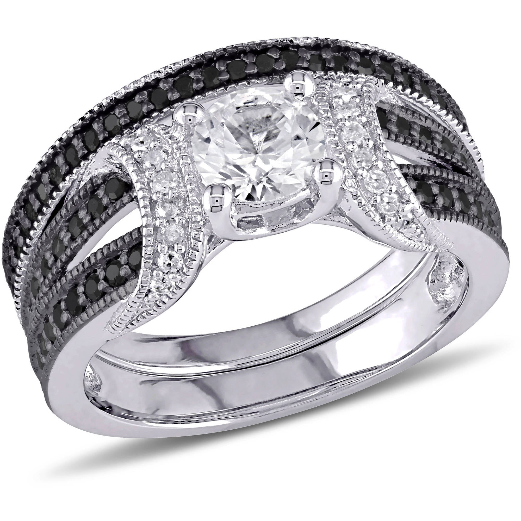 5 8 Carat T.G.W. Created White Sapphire with 2 5 Carat T.W. Black and White Diamond Sterling Silver Bridal Set by Generic
