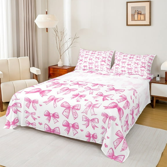 Manfei Girly Pink Bowknot Twin Sheet Sets for Kids, Kawaii Love Heart Twin Fitted Sheet, Princess Cartoon Theme Flat Sheet, Ultra Soft Home Decor, 3pcs