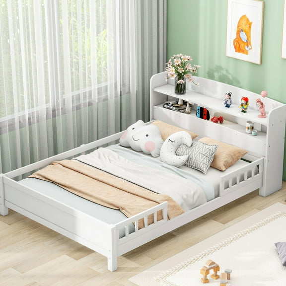 Wood Full Platform Bed With Led , Headboard Storage And Guardrail, White Designation Size Outlook