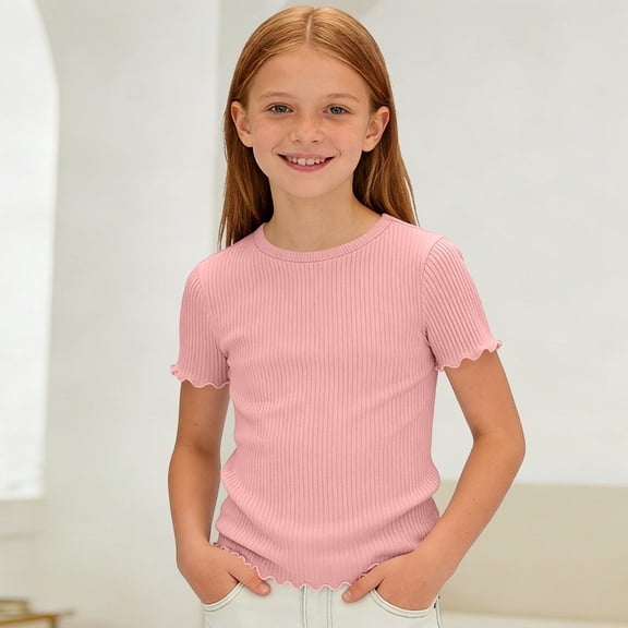 Cethrio Girls T Shirts Size 14, School Knitted Crew Neck Short Sleeve Kids Summer Tees Tops Pink Size 14
