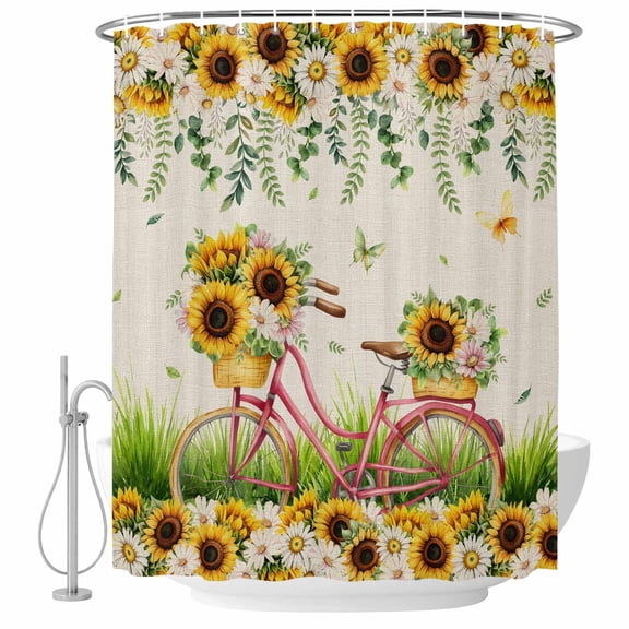72x78 Inch Shower Curtain Spring Bathroom Decor, Waterproof Fabric Bathtub Bath Curtains Decorative Bicycles Botanical Sunflowers Leaves Butterfly Extra Long Shower Curtain Set with Hooks