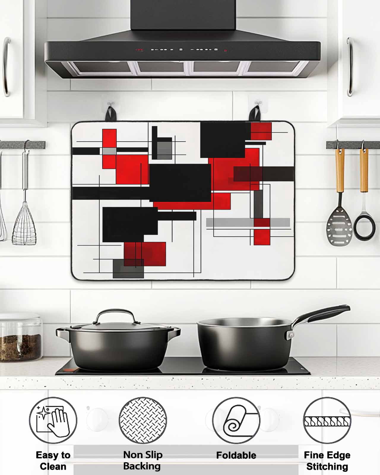 Stove Top Covers for Electric Stove, Red Grey Black Glass Stovetop Cover Protector, Irregular Modern Geometric Abstract Induction Cooktop Protector Oven Mat for Kitchen Countertop 24"x21"