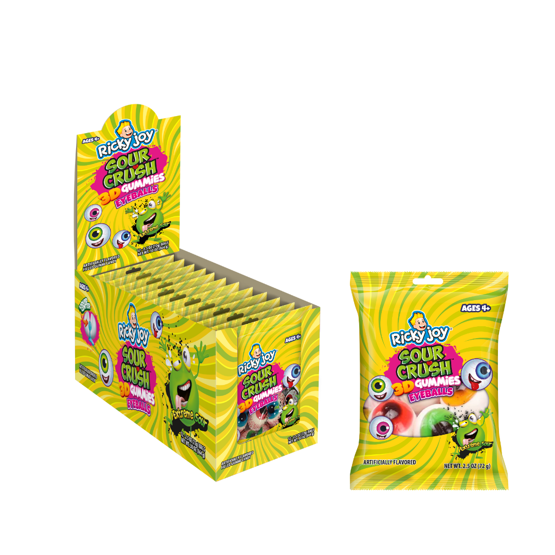 Ricky Joy® 3D™ Gummies - Pack of 12 Bags - 3D Gummies Eyeballs - 2.5 OZ each - Sour Liquid Center Gummies Snack