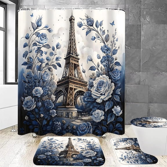 4Pcs Paris Eiffel Tower Shower Curtain Sets Bathroom Set Decor with Non-Slip Rugs Bath U-Shaped Mat Toilet Lid Cover Waterproof Pink Romantic Bathroom Curtains Shower Set with 12 Hooks