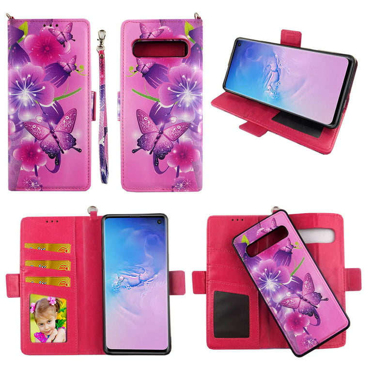 Pink Butterfly Case Samsung Galaxy S10 Plus (6.4”) S 10 + Magnetic Detachable Pu Leather Wallet Cover with Flap Closure Snap-on Book Style Cases Card Holders Wrist Strap 2 in