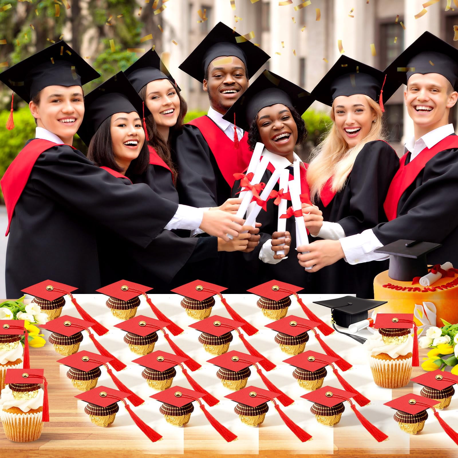 50 Red Graduation Cap Cupcake Toppers Mini Chocolate Decor for Themed Parties