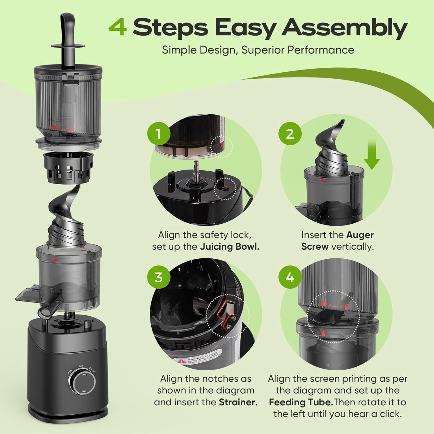 Cold Press Juicer  150W Slow Masticating with Wide Chute for Leafy Greens and Fruits Easy to Clean