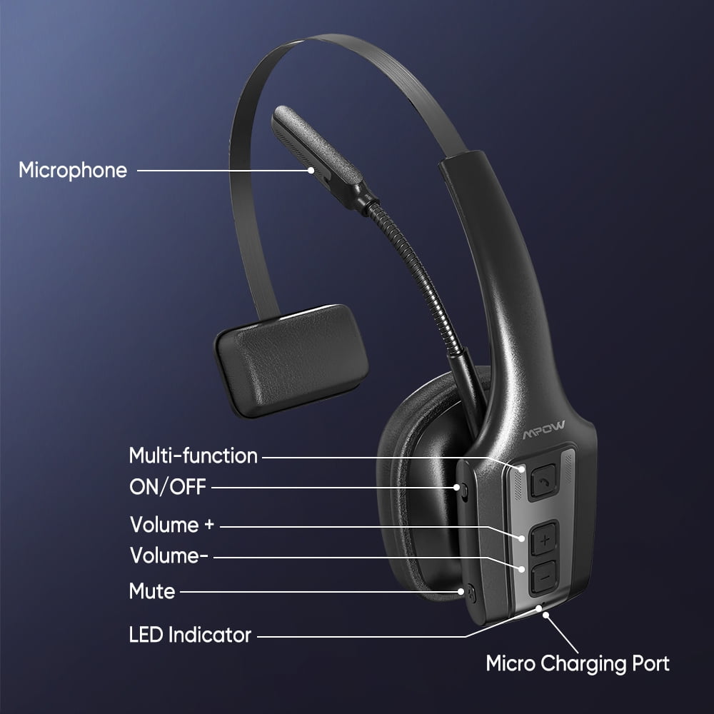 Bluetooth Headset with Microphone, Trucker Bluetooth Headset with ENC Noise Cancelling & Mute Button, Wireless On-Ear Headphones 60 Hrs Working Time, for Trucker Home Office Remote Work Zoom